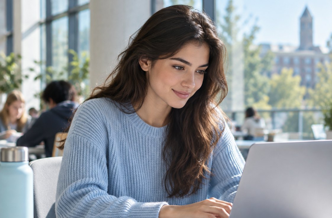 Estudante universitaria traballando co portátil nunha biblioteca luminosa